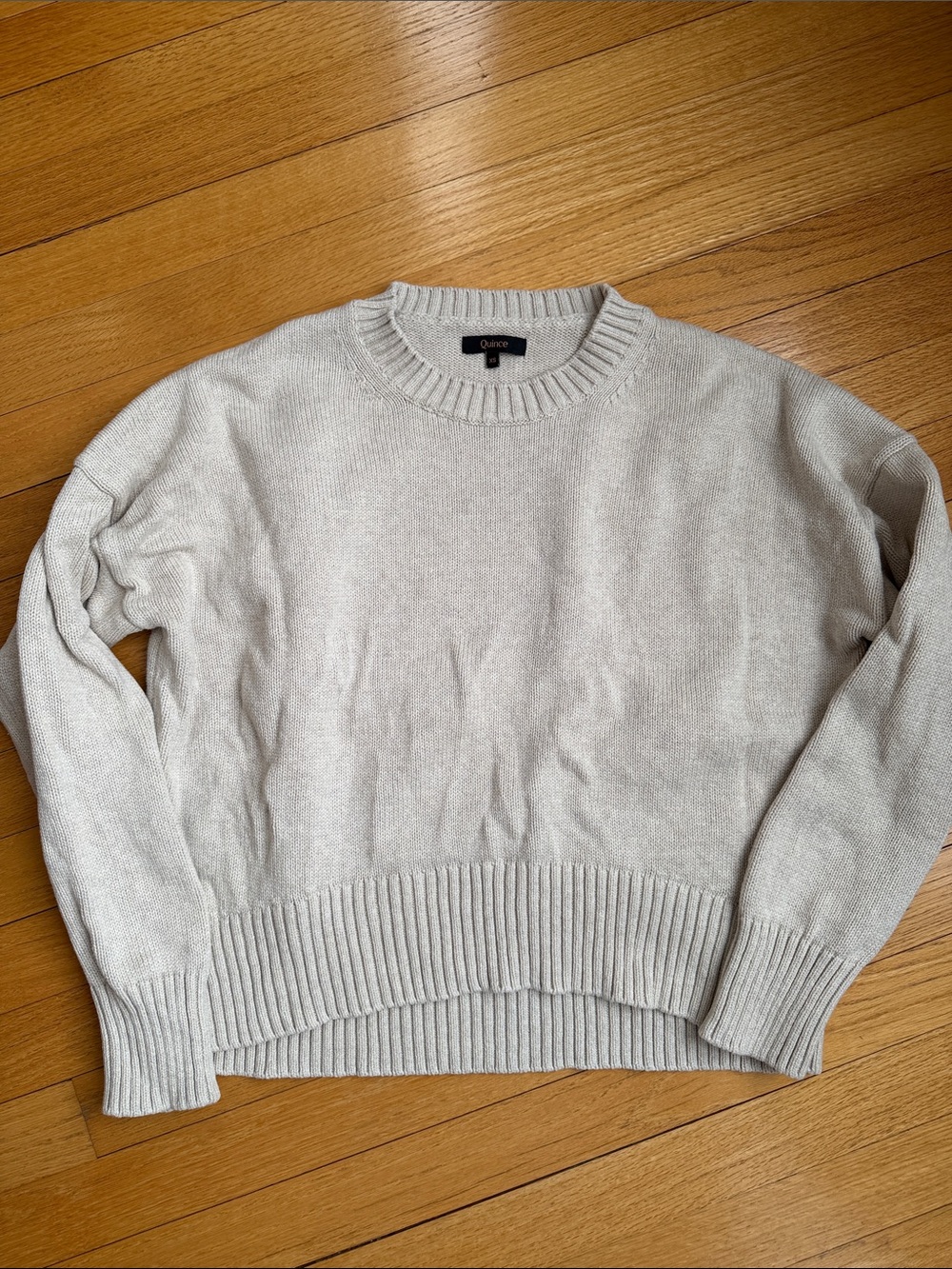Quince Organic Cotton Light Tan Ribbed Crewneck Boyfriend Sweater